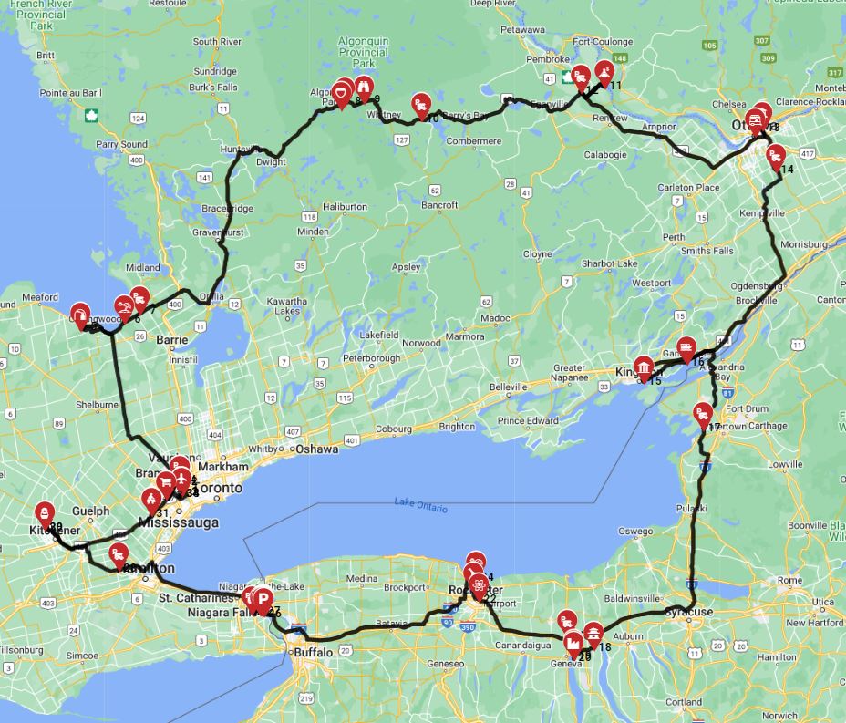 Map for Toronto Roundtrip - facing northת Incl Niagara Falls  thousand island